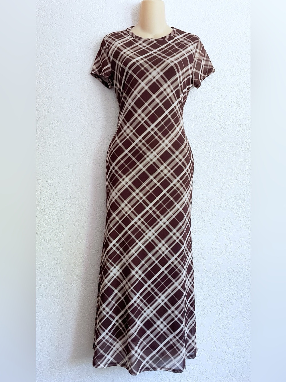 NWT See You Monday Brown Plaid Sheer Maxi Dress Large (fits S) Y2K Bodycon 90s